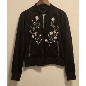 A.N.A. Black Satin Bomber Jacket Large White Floral Embroidery Full Zip